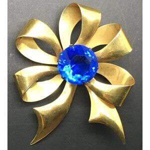 Kilpatrick Gold Filled  Brooch Pin  Bow Dark Blue Glass Prong Set Christmas